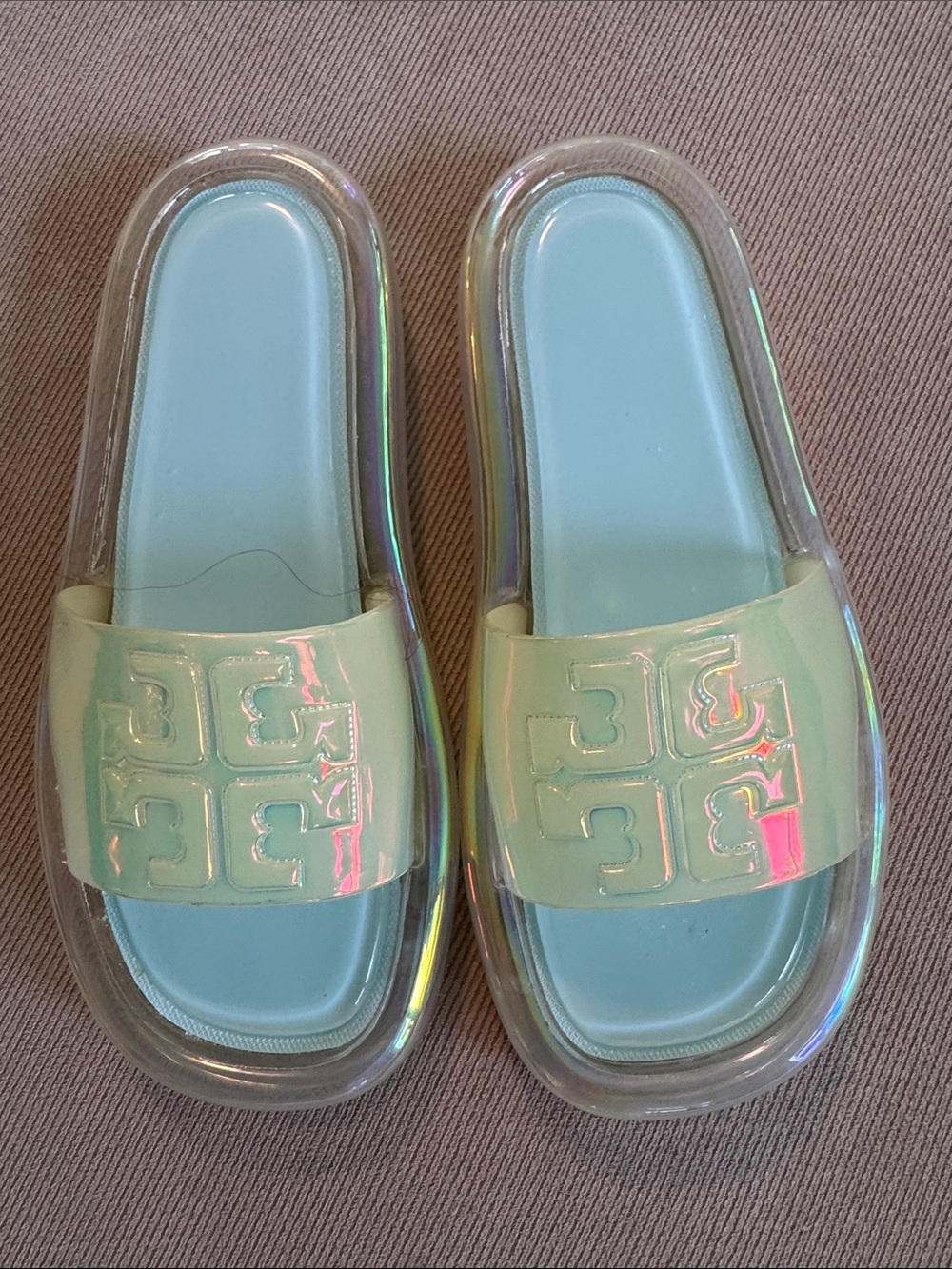 Tory Burch Iridescent Clear Slides with Mint Blue Footbeds